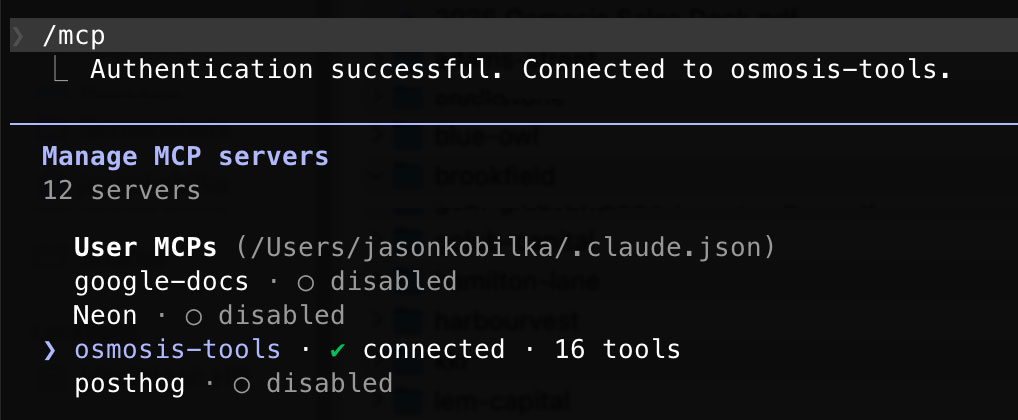Claude Code /mcp panel showing the osmosis-tools server connected