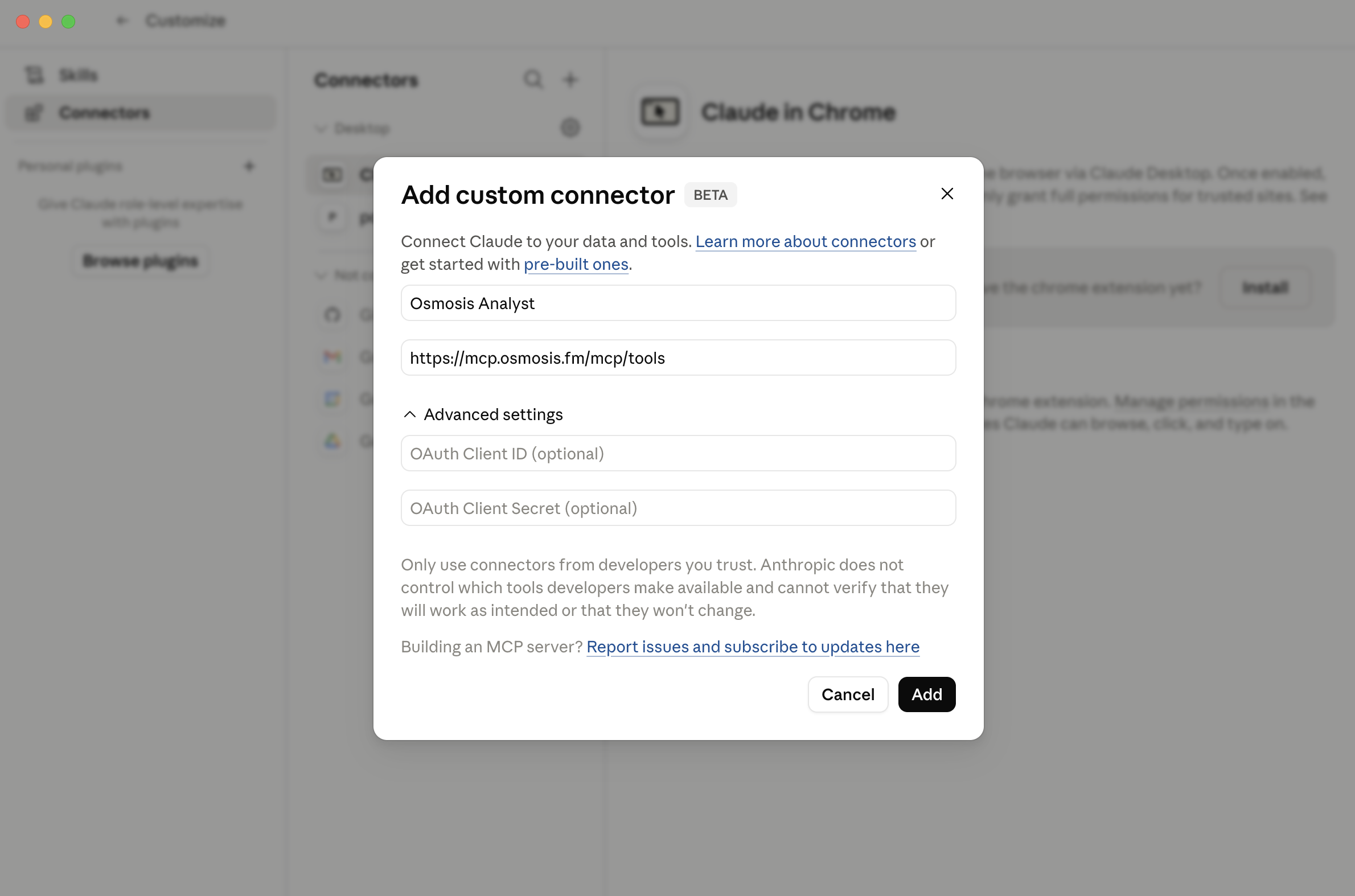 The Add custom connector dialog in Claude Desktop with the name Osmosis Analyst and the MCP server URL