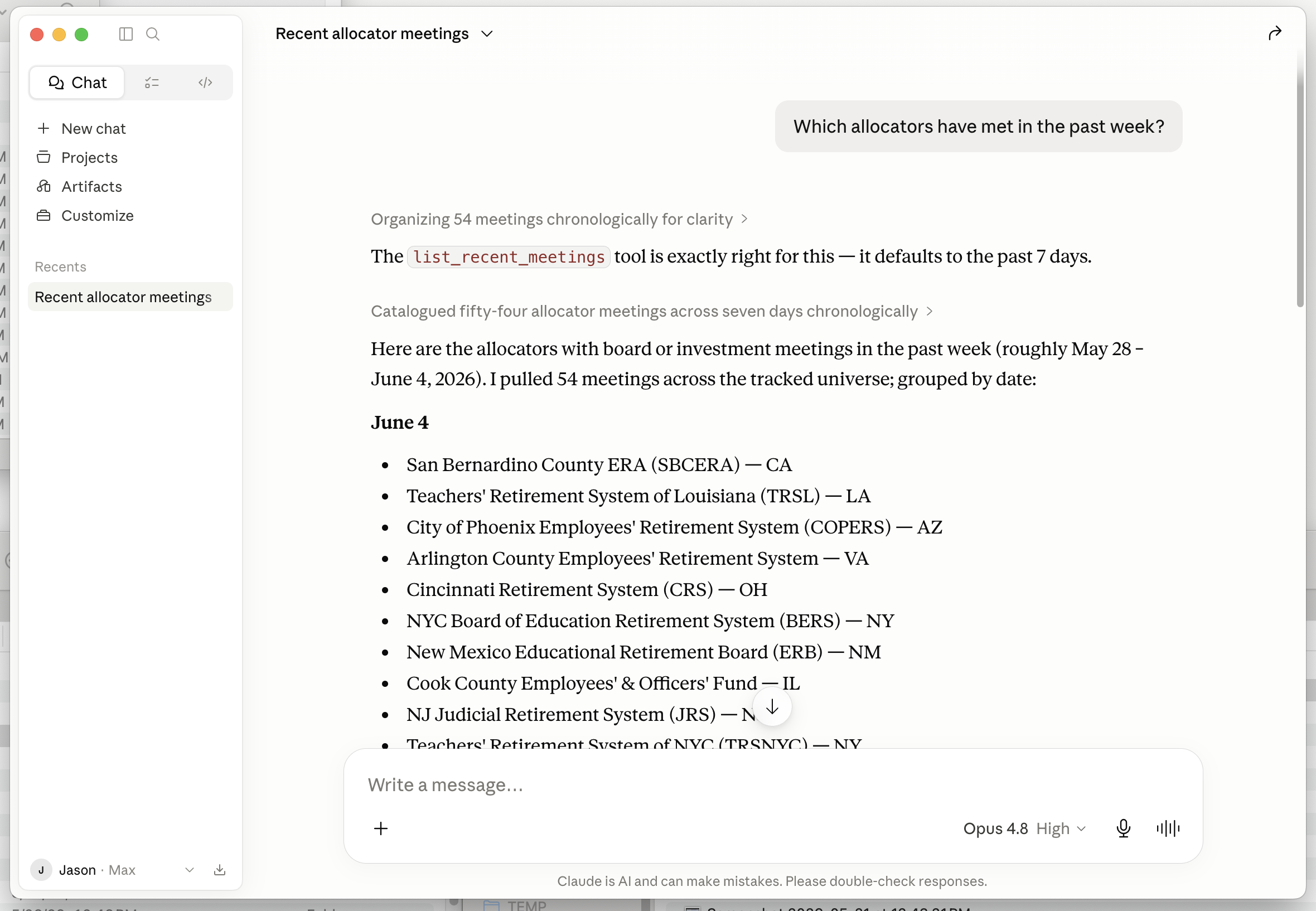Claude Desktop answering an allocator question using the Osmosis Analyst tools