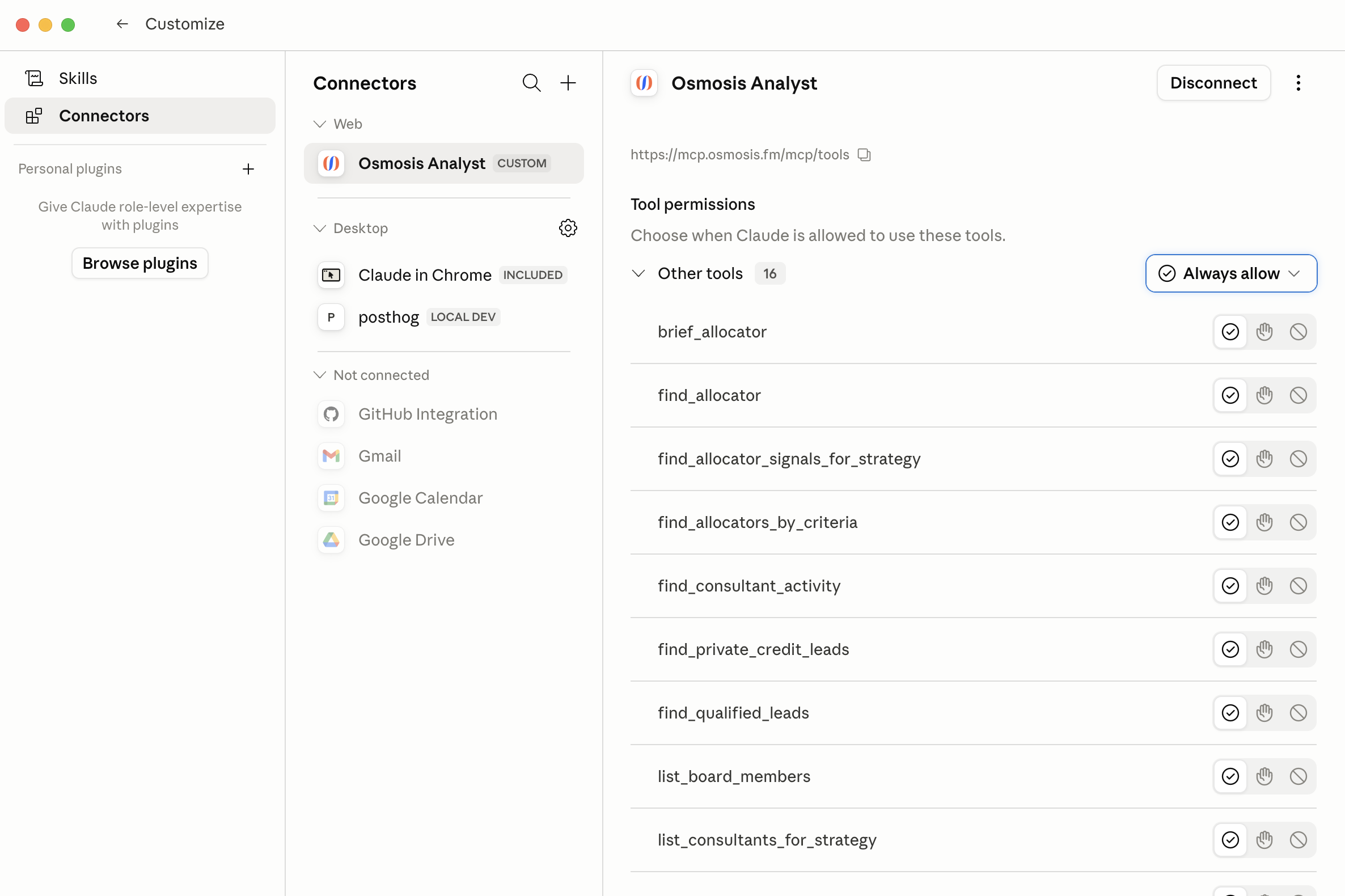 Claude Desktop Tool permissions for the Osmosis Analyst connector with the Always allow option selected