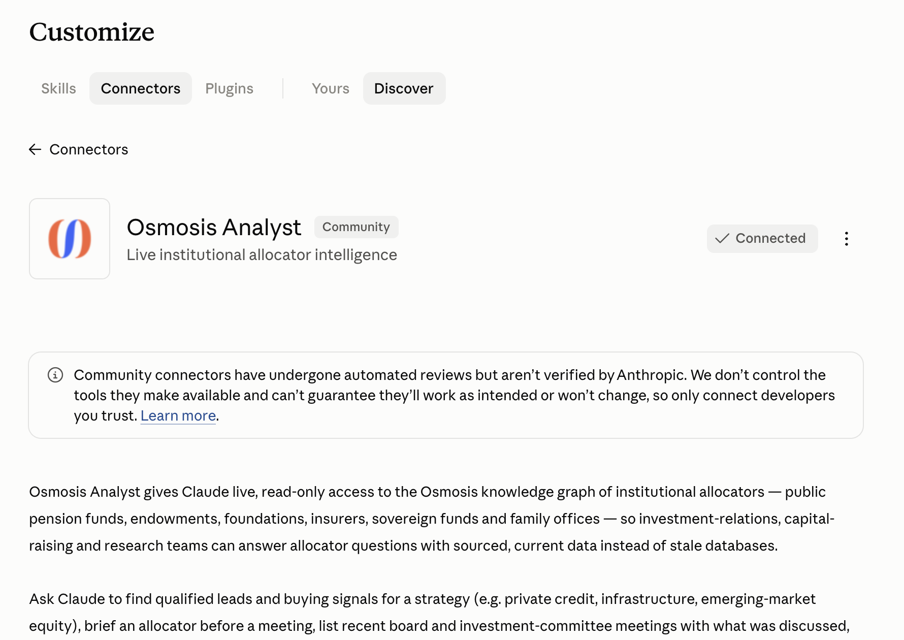 The Osmosis Analyst listing in the Claude Connectors Directory showing the Community badge, the Connected status, and the description