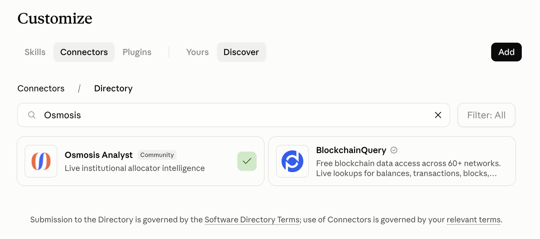 The Claude Connectors Directory Discover tab with Osmosis typed into the search box, showing the Osmosis Analyst card with a Community badge