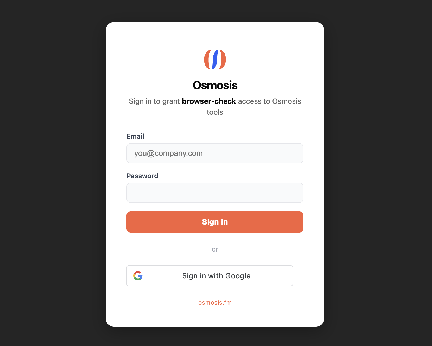The Osmosis sign-in page with email/password fields and a Sign in with Google button